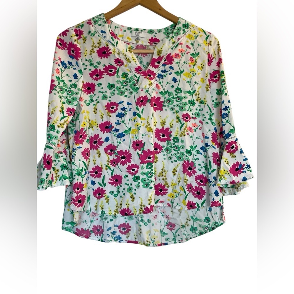 Crown & Ivy Floral Boho Peasant Blouse Top Small Petite Flower Garden Party‎